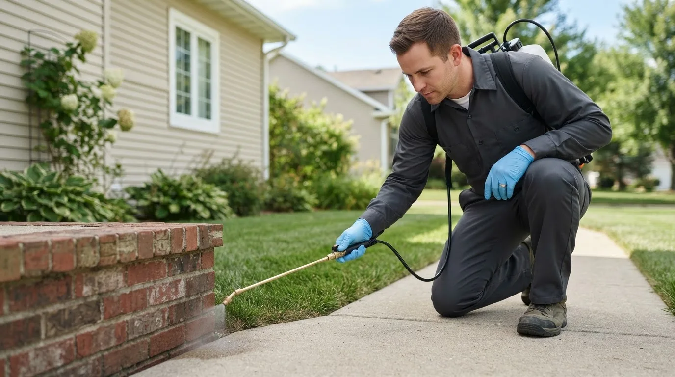 Pest control technician treating a home near Canton, CT