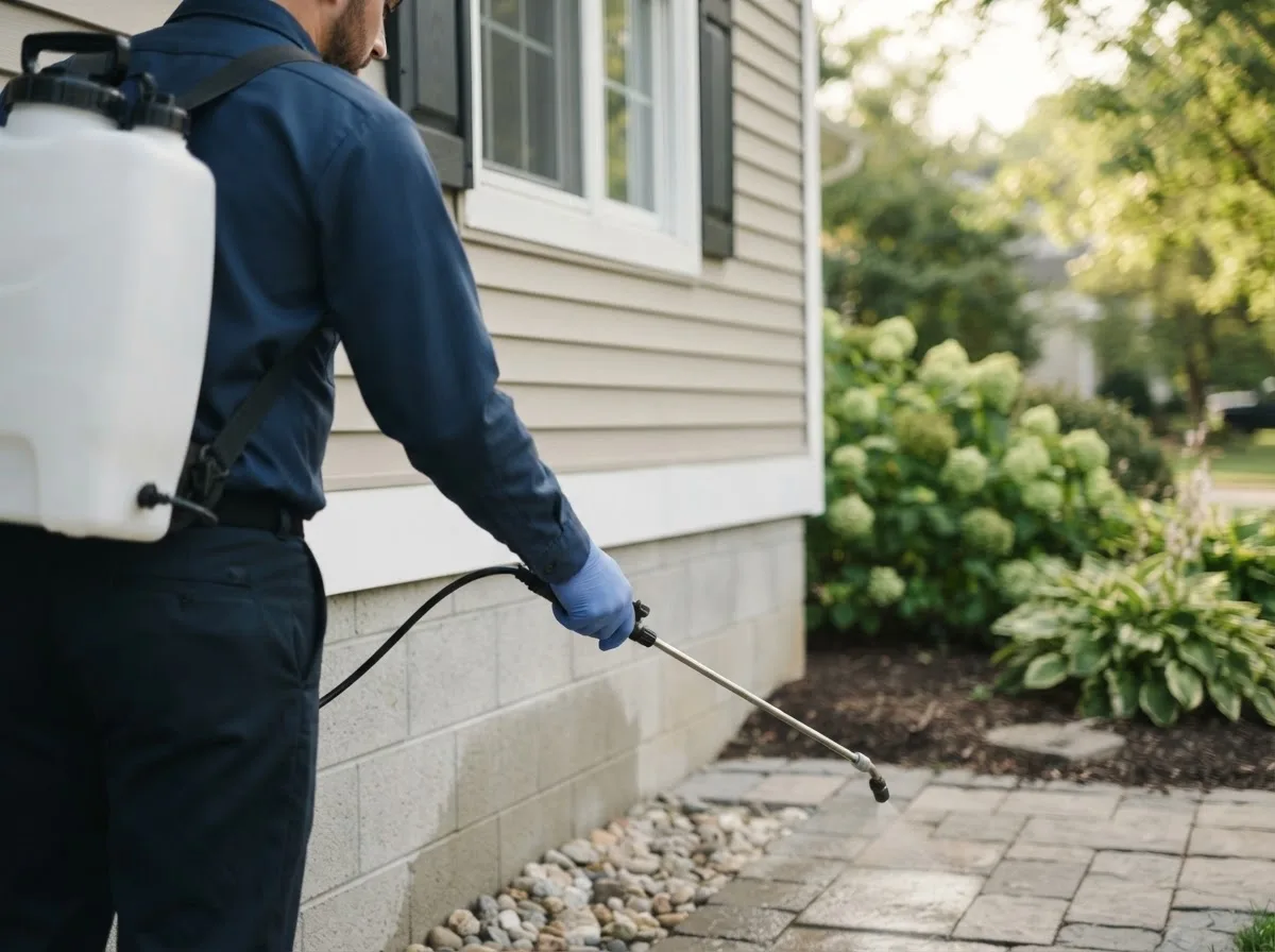 Pest control technician inspecting a home in Canton, CT